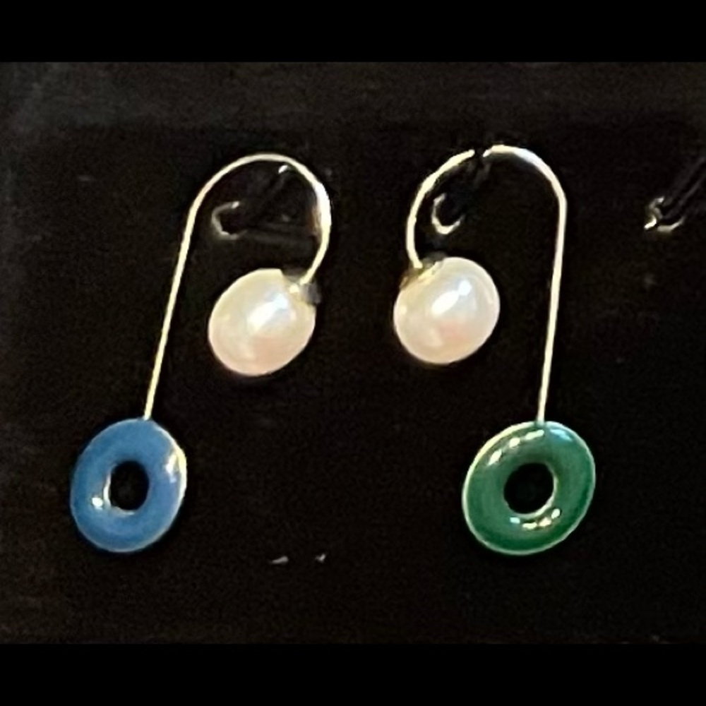 Blue, green and faux pearl earrings